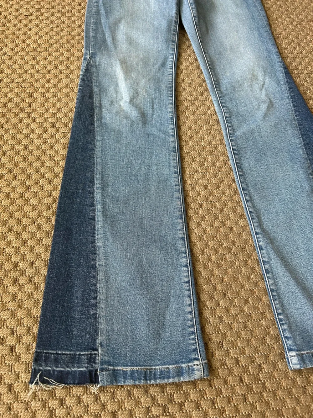 Gap ‘70s Flare High Rise Two-Tone Patchwork Colorblock Blue Denim Jeans Tall